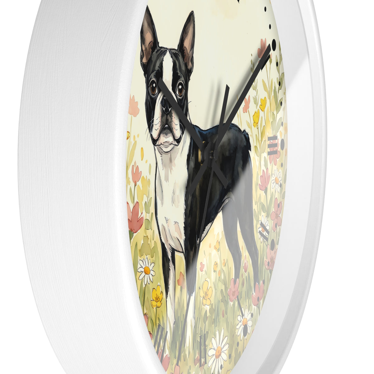 A round wall clock with a white outer rim and a printed illustration of a black-and-white Boston Terrier standing in a field of flowers. The clock is shown against a plain white background.