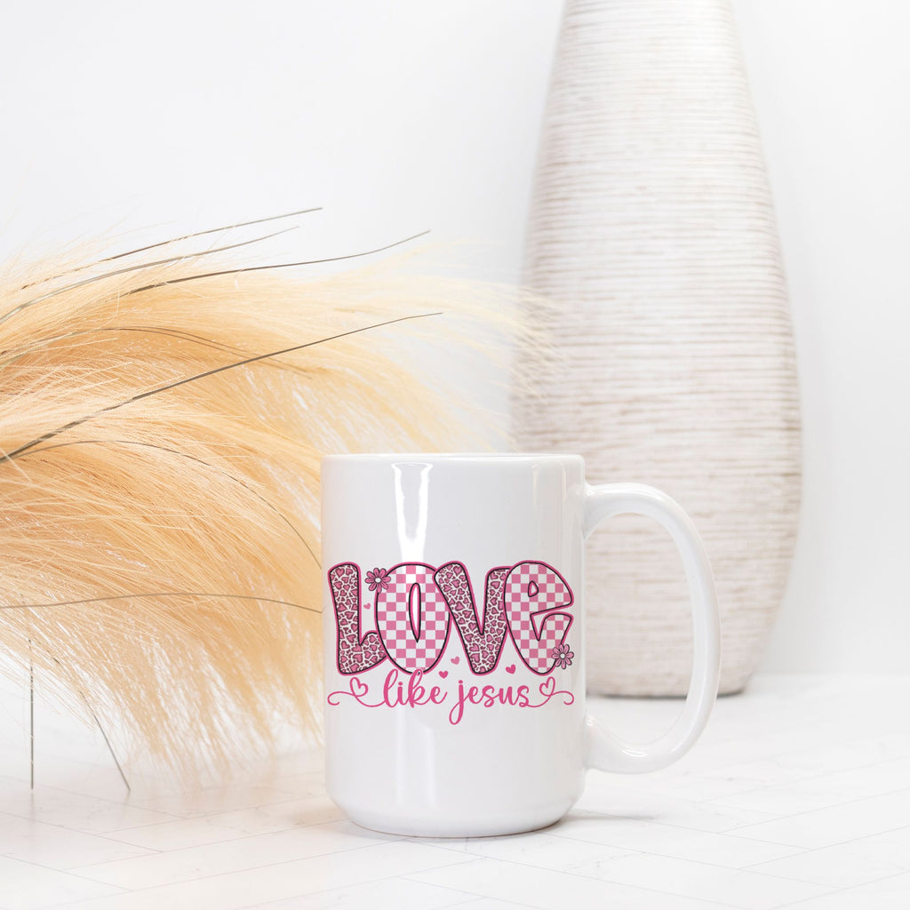 White mug with 'Love like Jesus' text on a white background