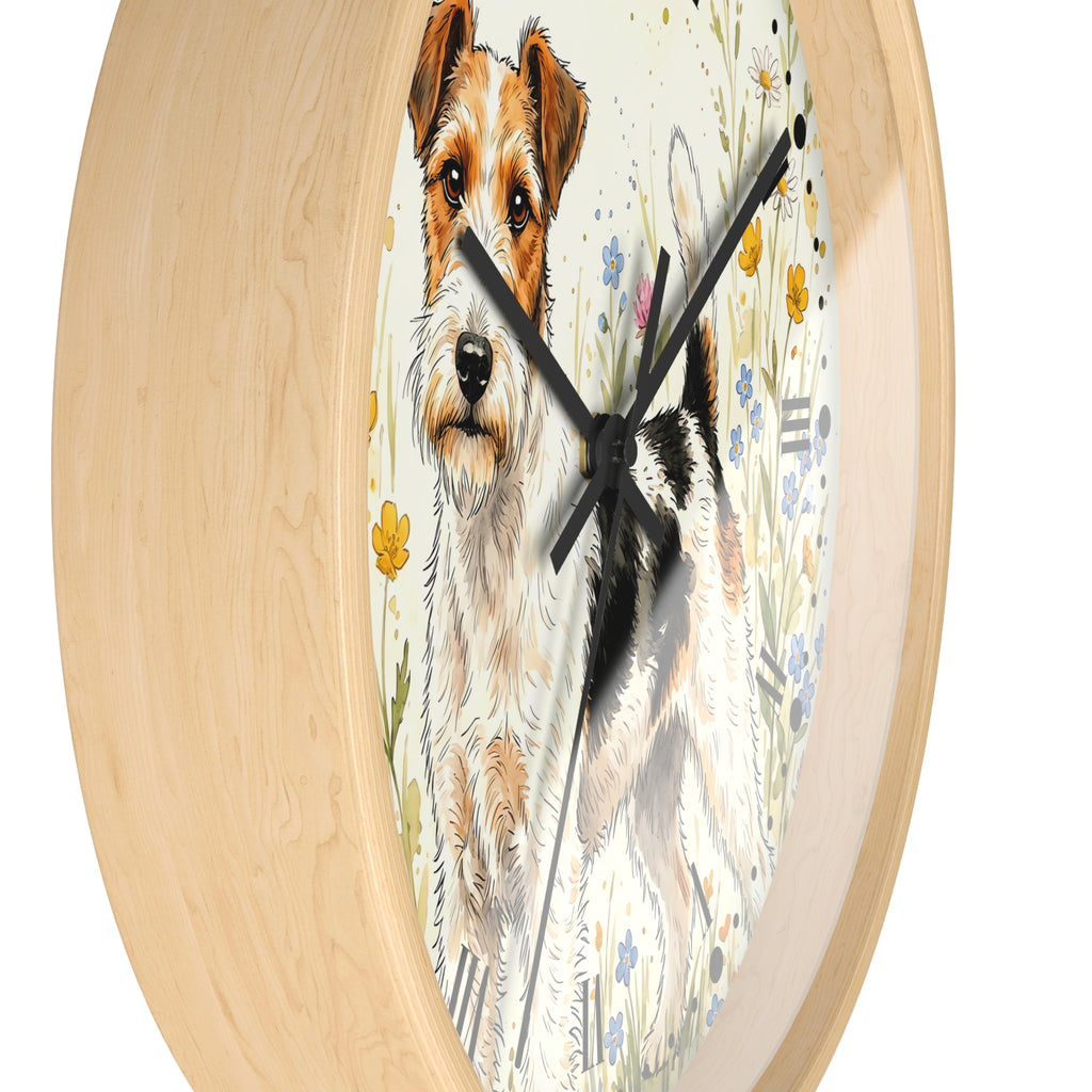Round wall clock with a light natural wood frame and a printed dog illustration on the face, shown against a plain white background.