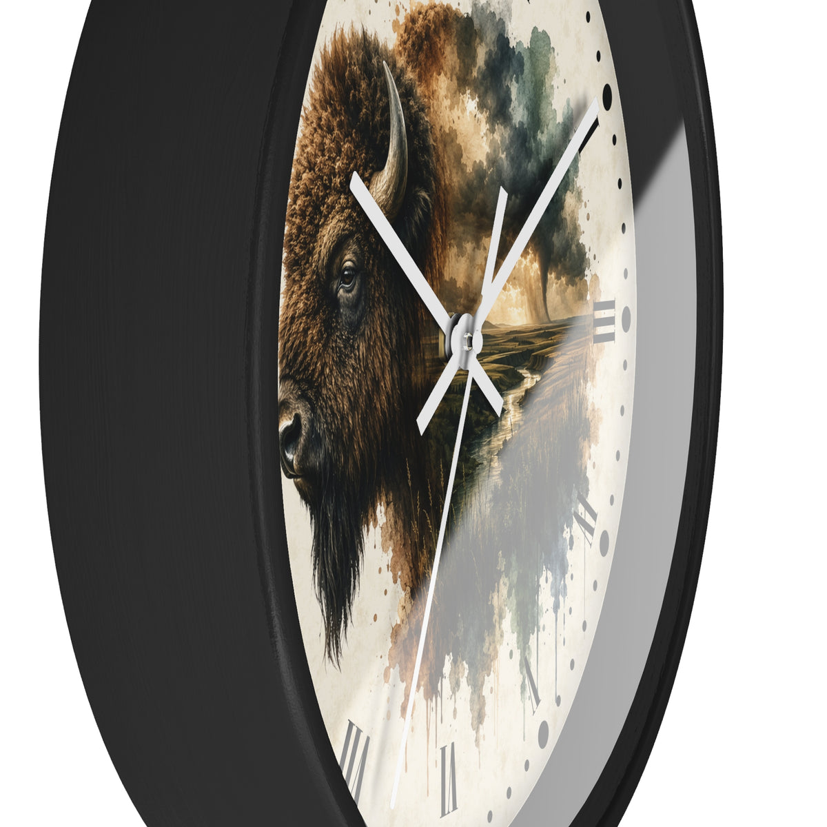 A close-up of a round wall clock with a black frame and a printed face featuring a bison illustration over a landscape scene, with white clock hands and Roman numerals.