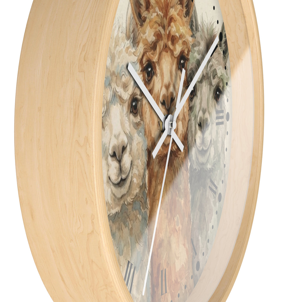 Round wall clock with a light natural wood frame and a printed alpaca illustration on the face, shown against a plain white background.