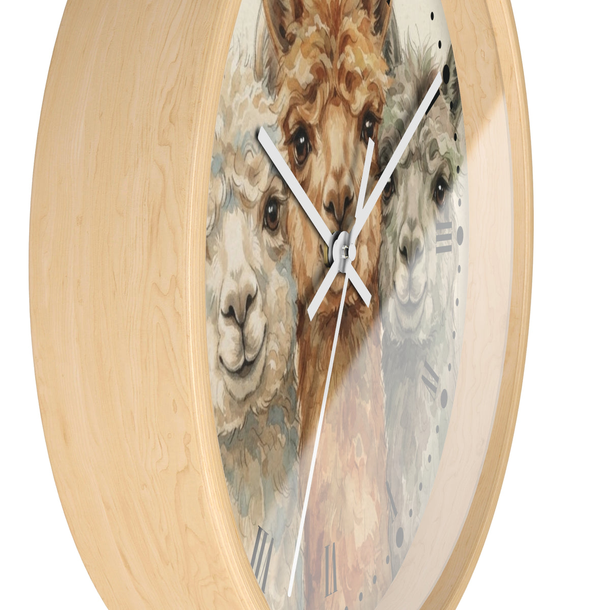 Round wall clock with a light natural wood frame and a printed alpaca illustration on the face, shown against a plain white background.