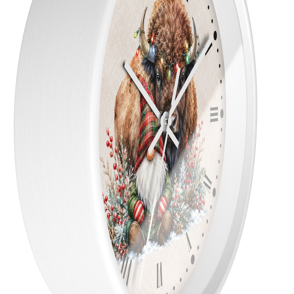 Christmas Buffalo & Gnome Wall Clock — Festive Holiday Home Decor
