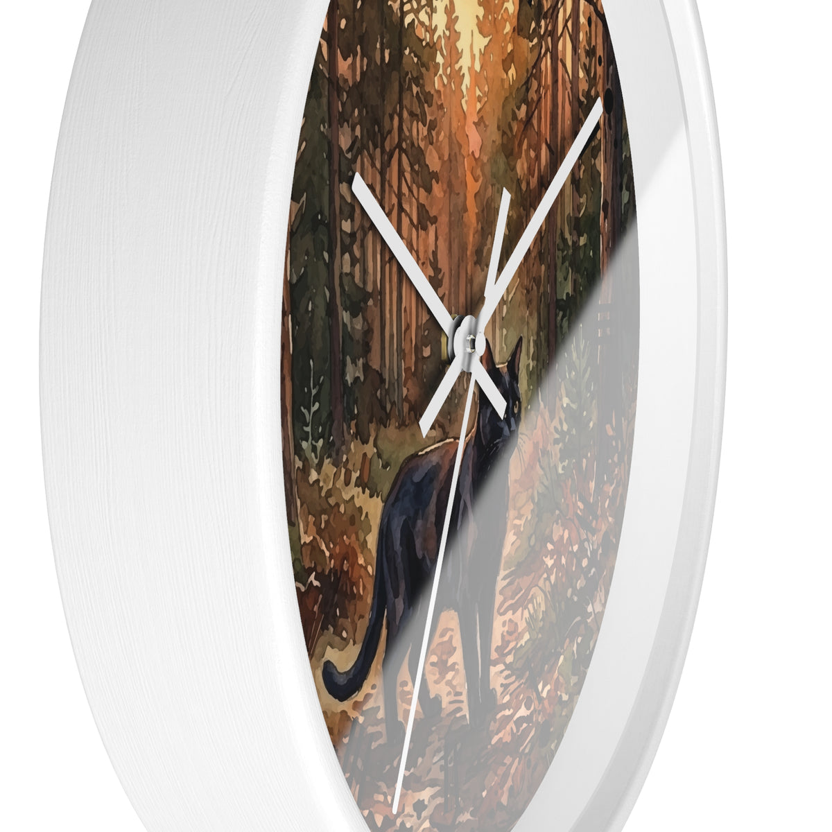 Black Cat Sunset Forest Wall Clock — Autumn Woodland Decor