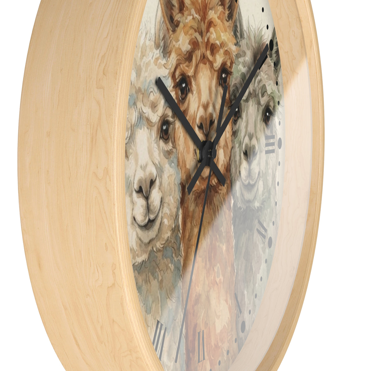 Round wall clock with a light natural wood frame and a printed alpaca illustration on the face, shown against a plain white background.