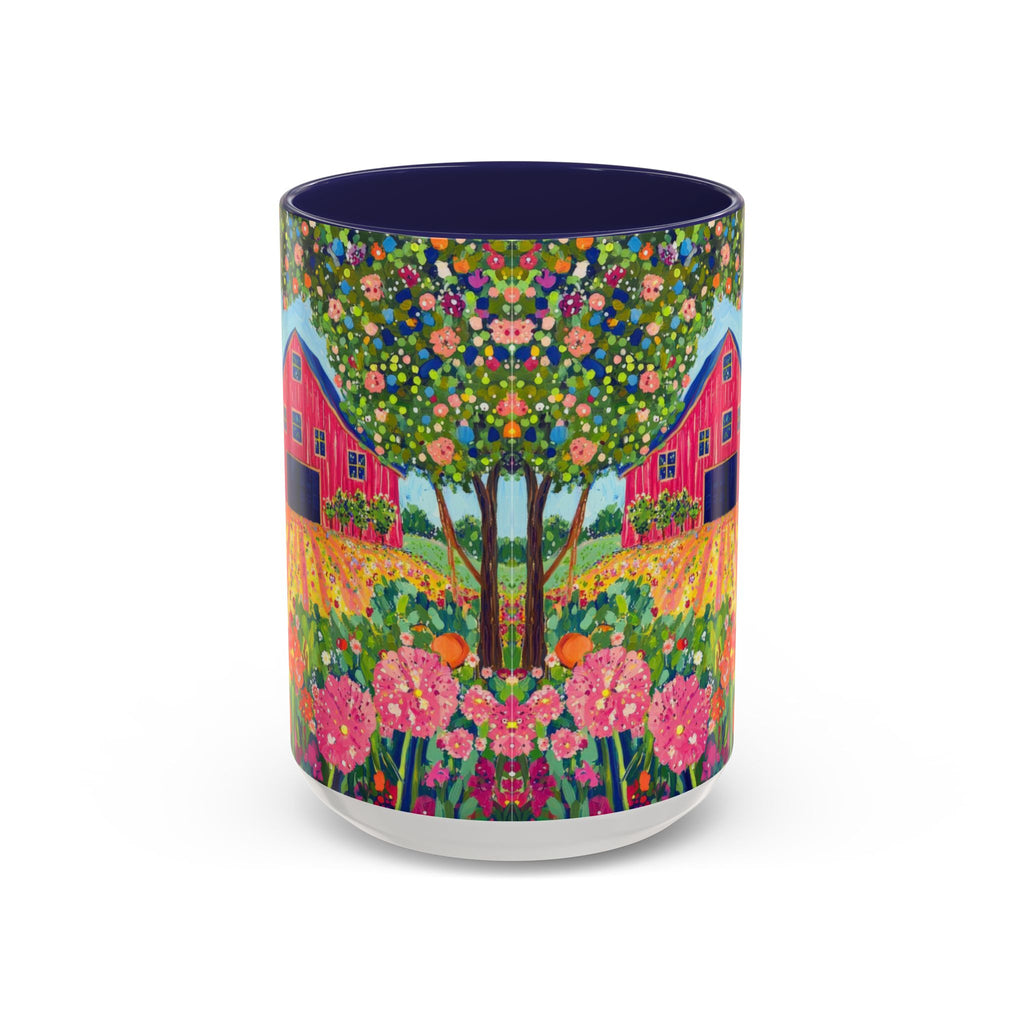 Colorful tumbler with a floral and house design on a white background