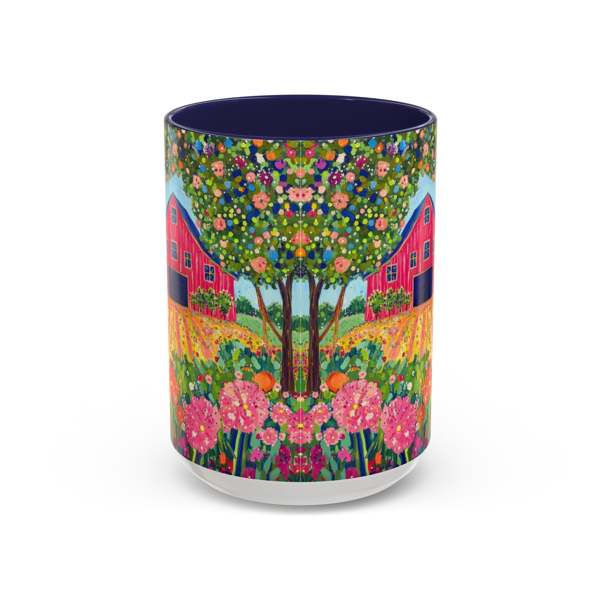 Colorful tumbler with a floral and house design on a white background