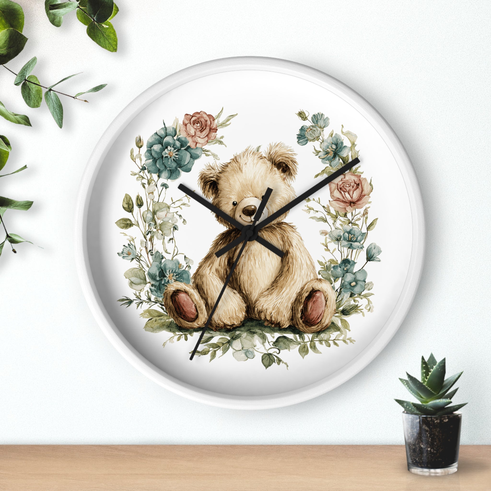 Teddy Bear Floral Wall Clock - Multiple Colors — Cute Nursery Clock for Baby Shower, Kids’ Room Decor