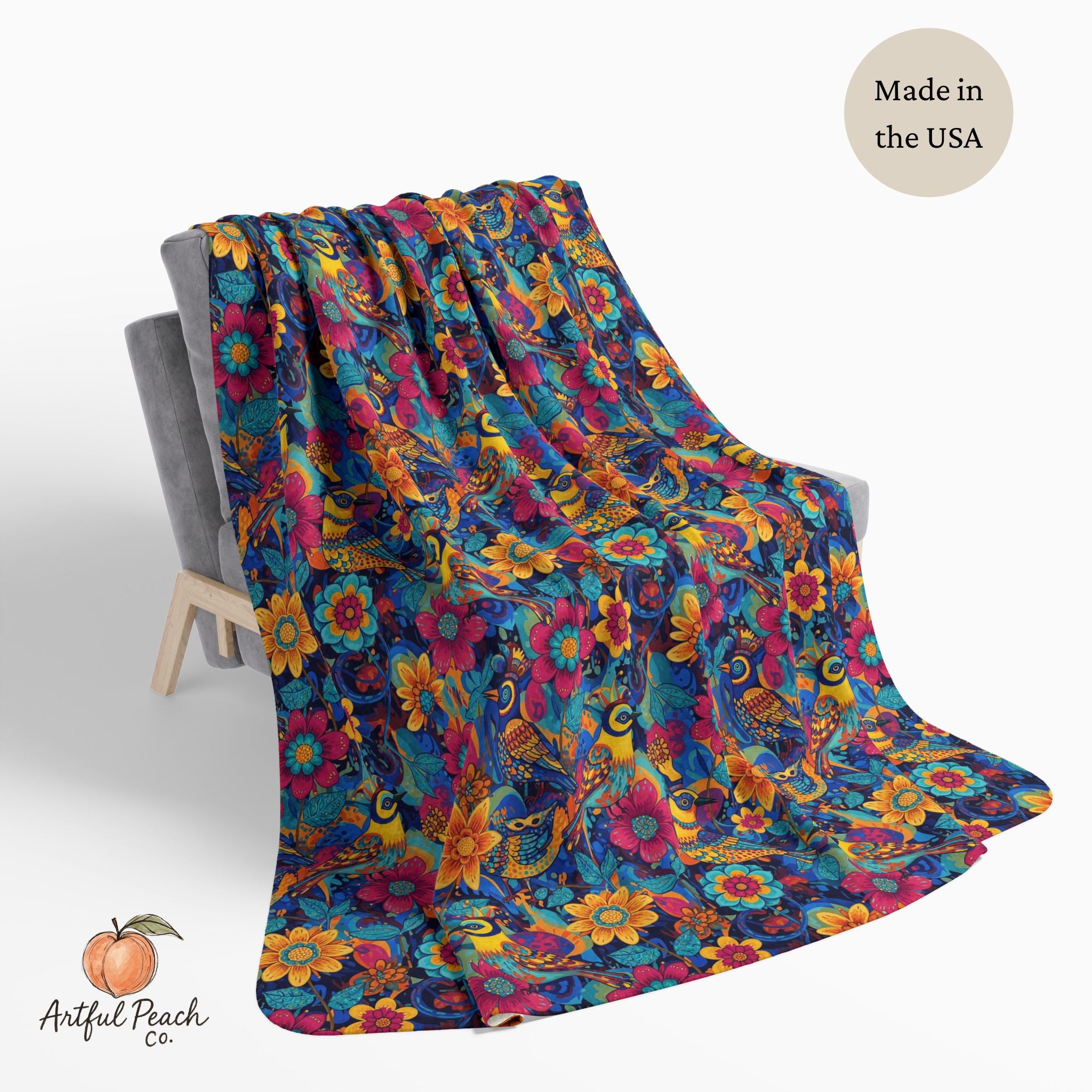 Floral Vintage Bird Fleece Sherpa Blanket — Colorful Boho Flower Throw