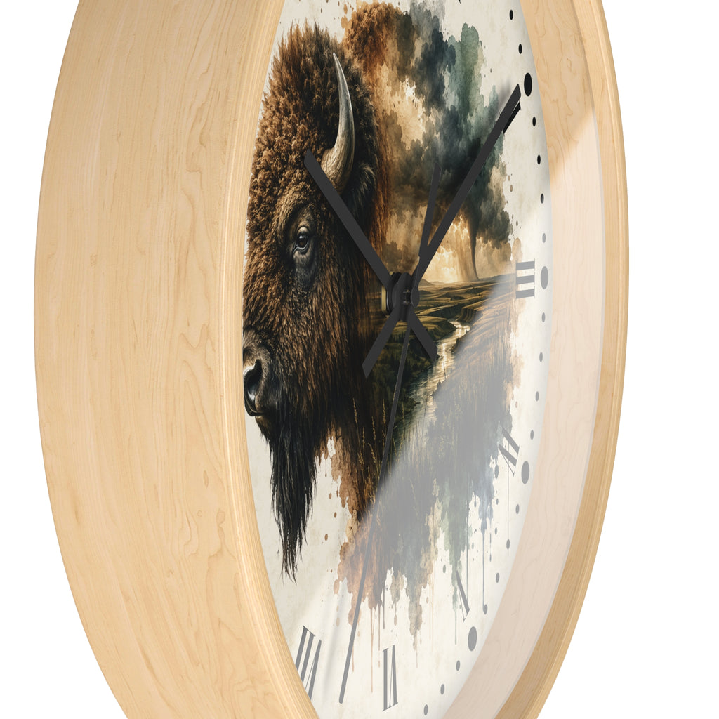 Round wall clock with a light natural wood frame and a printed bison artwork on the face, shown against a plain white background.