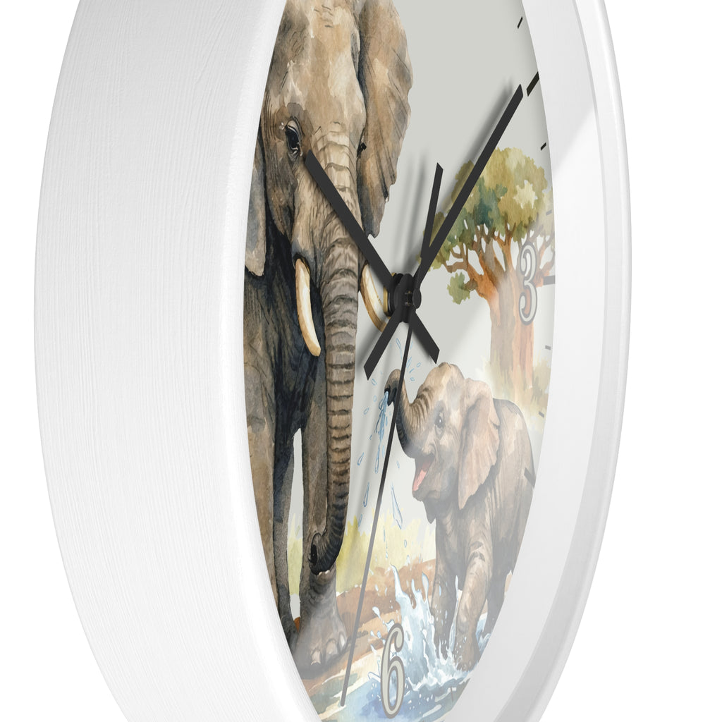 Elephant Family Wall Clock — Watercolor Safari Nursery Decor