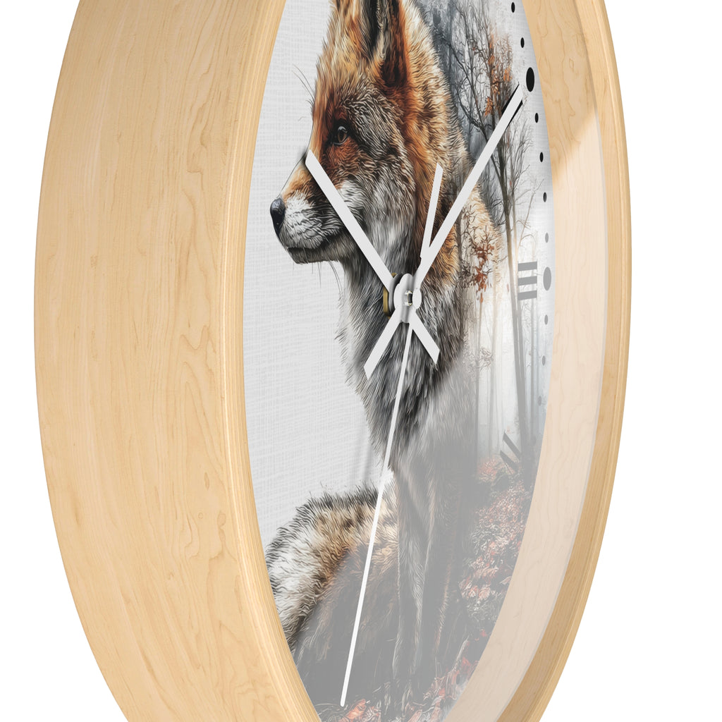 Round wall clock with a light natural wood frame and a printed fox portrait on the face, shown against a plain white background.