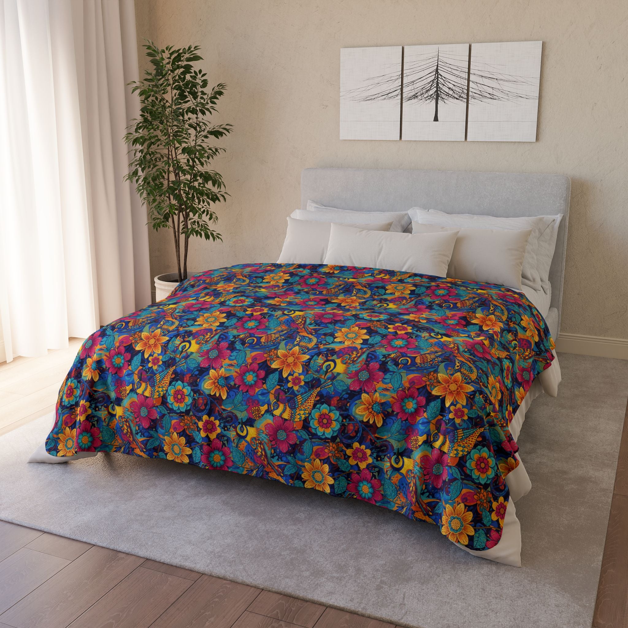Floral Vintage Bird Fleece Sherpa Blanket — Colorful Boho Flower Throw