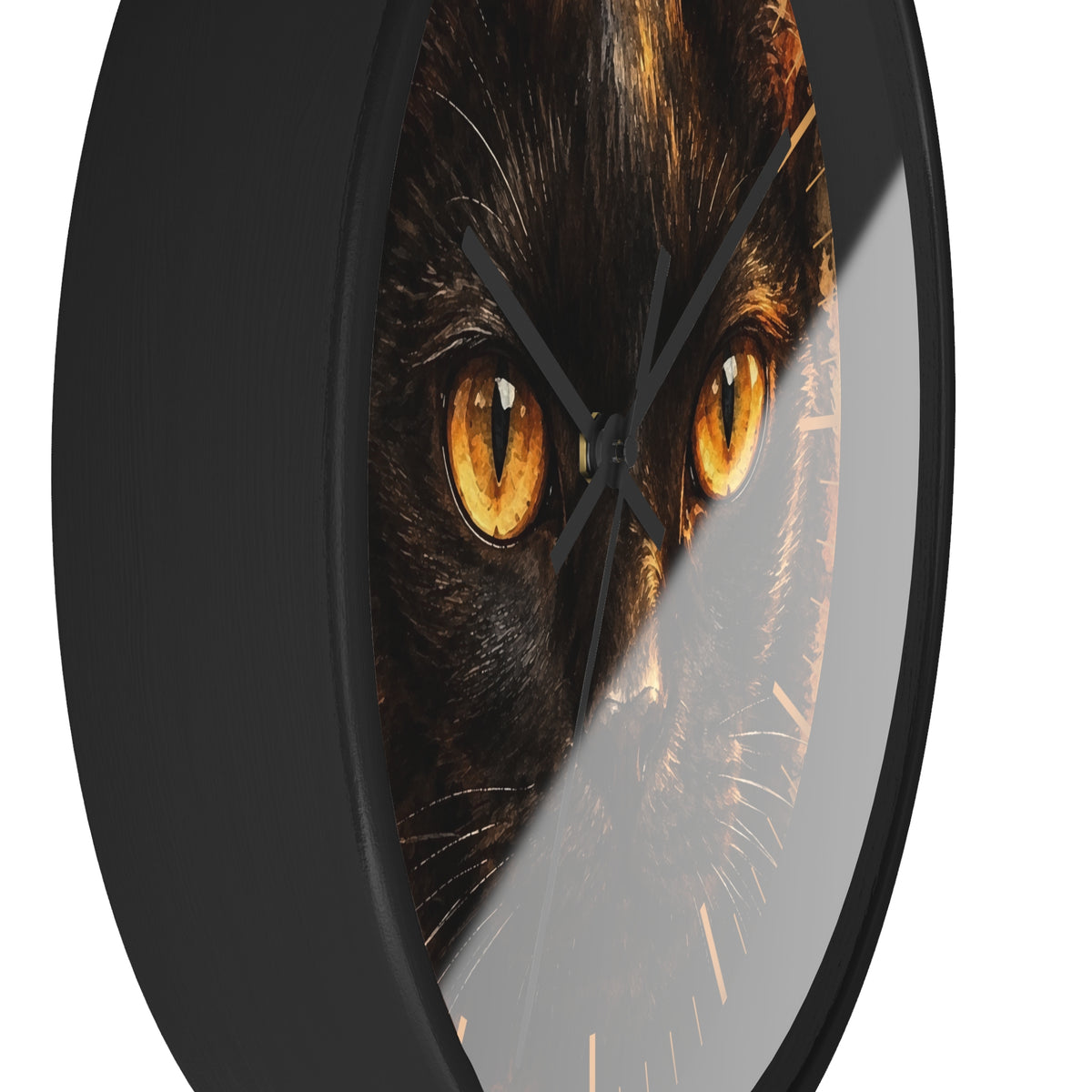 Watercolor Black Cat Wood Wall Clock - Cheetah Print Background