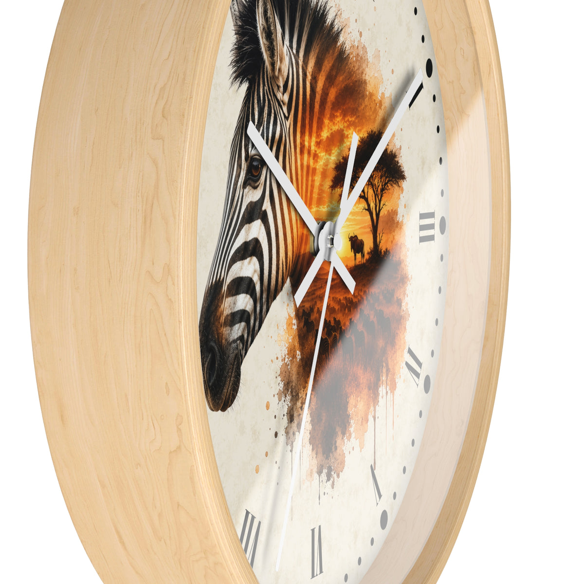 Round wall clock with a light natural wood frame and a printed dial featuring a zebra head on the left and an orange-toned abstract landscape on the right, with white clock hands and black Roman numerals.