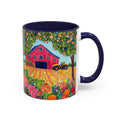 Mug with a colorful design of a red barn, tractor, and flowers on a white background