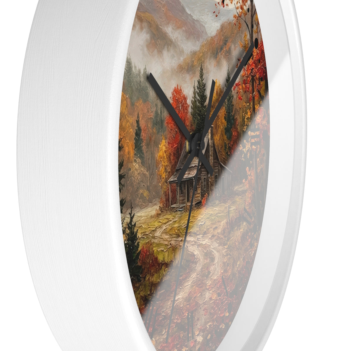 Rustic Autumn Cabin Landscape Wall Clock