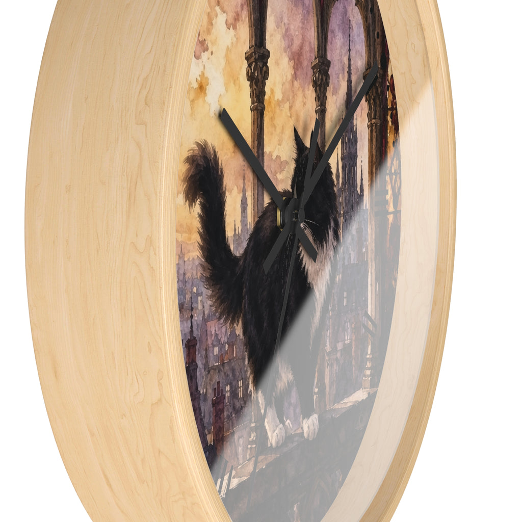 Gothic Black Tuxedo Cat Cathedral Wood Wall Clock