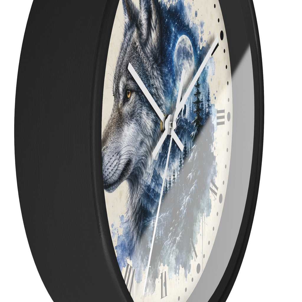 A round wall clock with a black frame and a printed wolf artwork on the face. The design shows a gray and black wolf in profile against a blue-toned background with white clock hands and sparse black Roman numerals.