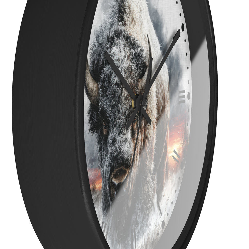 Winter Buffalo Wall Clock — Rustic Bison Decor