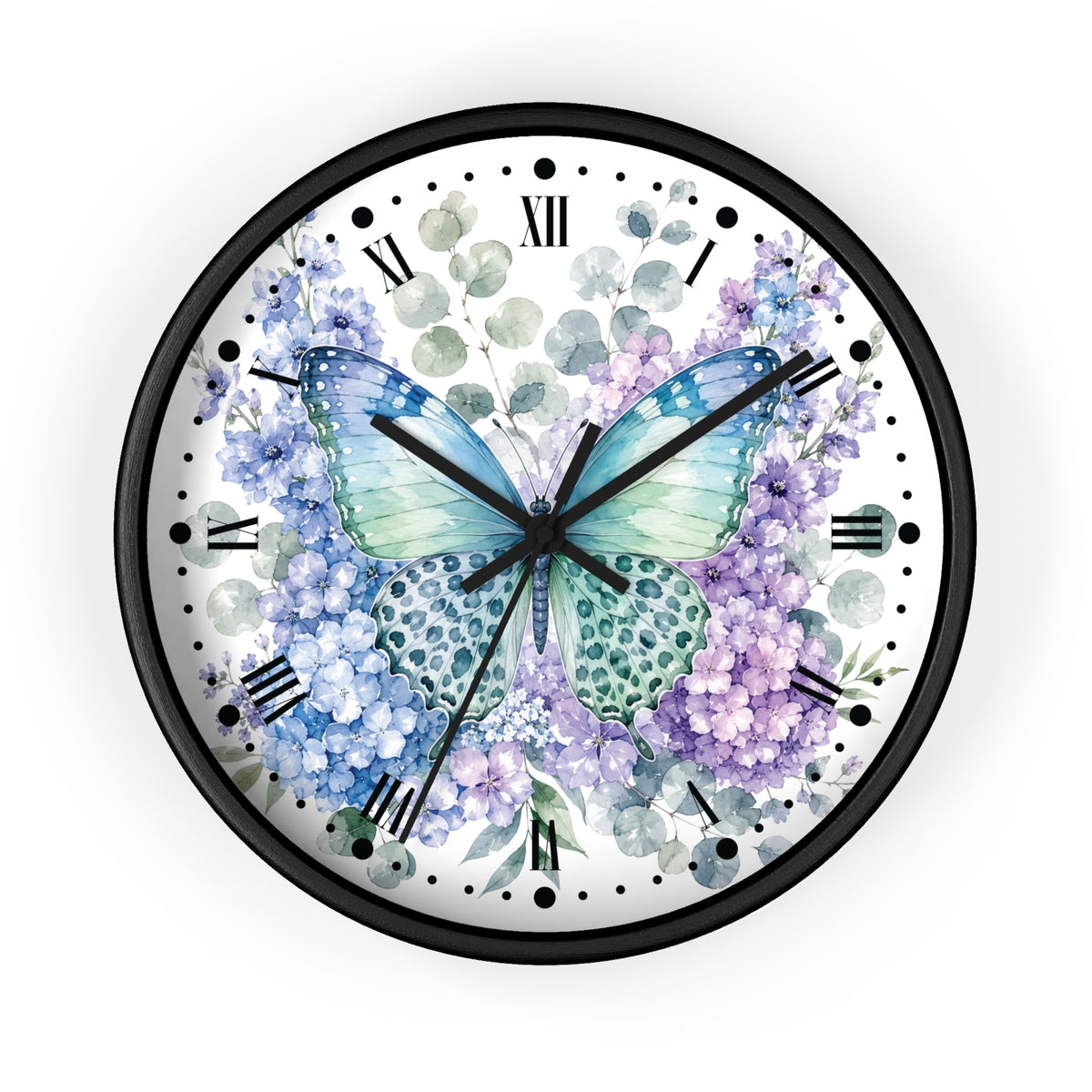 A round wall clock with a black frame and a white face featuring a watercolor design of a blue and green butterfly surrounded by purple and blue hydrangeas, Roman numerals, and black hour markers.