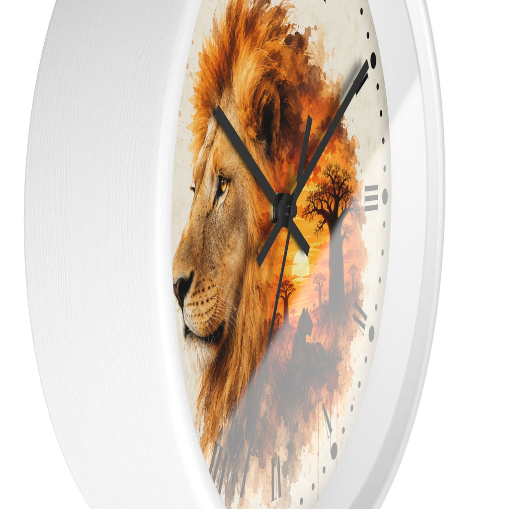 A round wall clock with a white frame and a printed lion-face and savanna sunset design on the face, shown against a plain white background.
