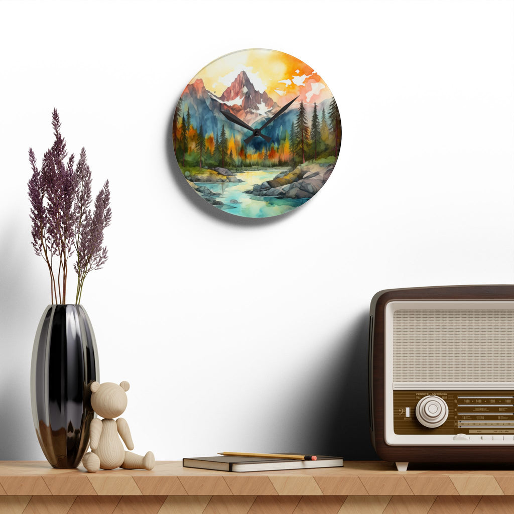 Mountain River Acrylic Wall Clock — Watercolor Landscape Home Decor