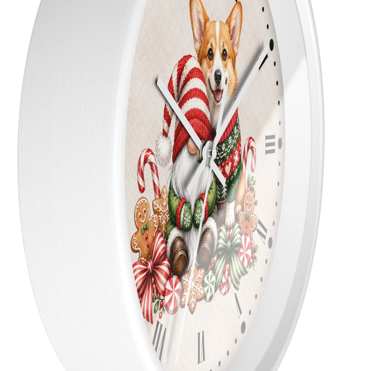 A round white wall clock with a festive Christmas-themed dog illustration on the face. The design shows a corgi dog wearing a red-and-white striped Santa hat and green knit sweater, surrounded by candy canes, gingerbread cookies, snow globes, and bows on a light beige dial with black Roman numerals.