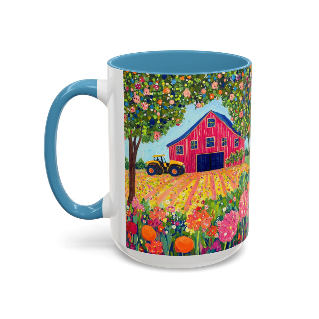 Mug with a colorful design of a red barn, tractor, and flowers on a white background