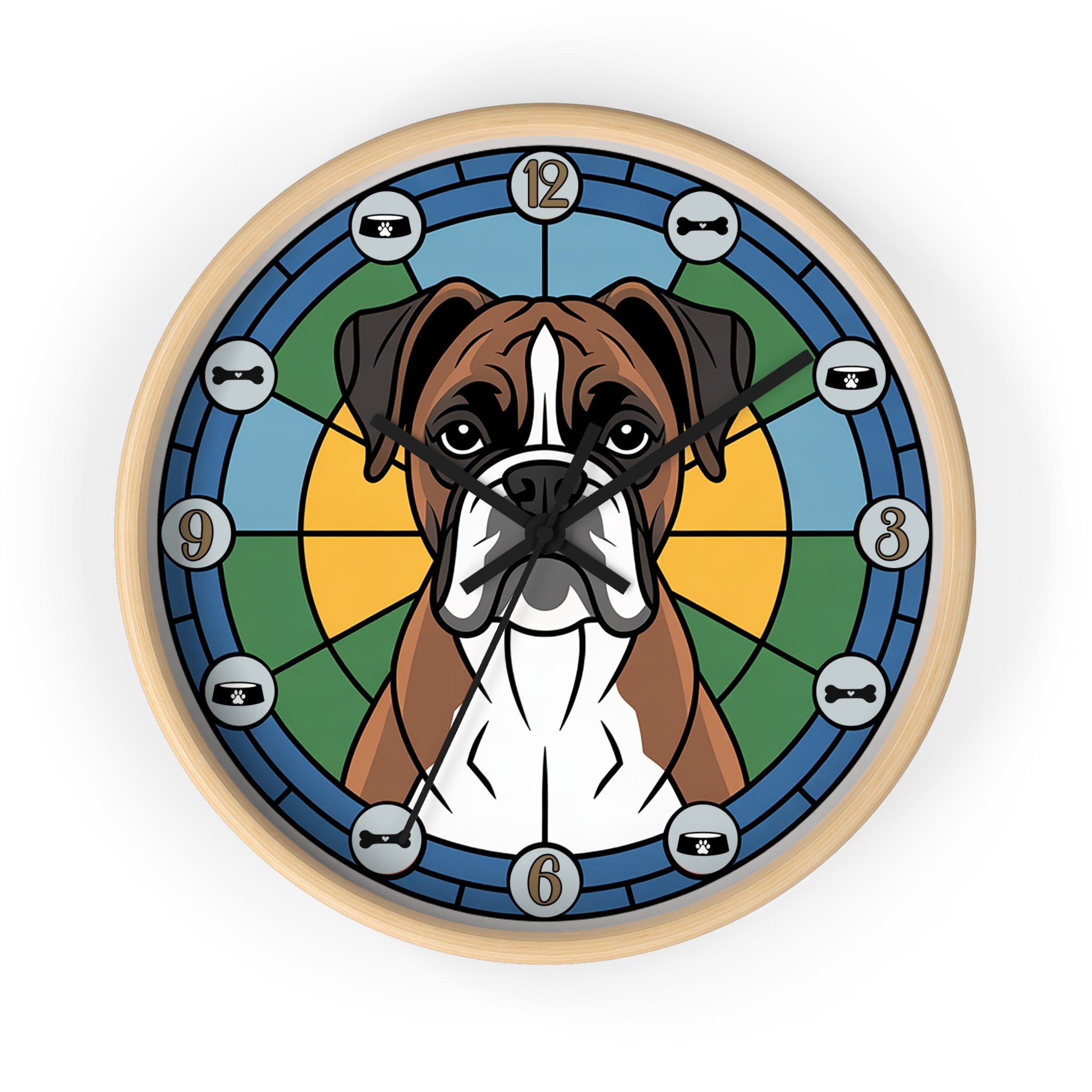 Wall clock with a dog illustration on a colorful circular design