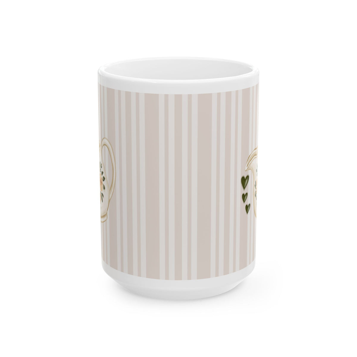 A white ceramic mug featuring a beige and white vertical stripe pattern on its body, with small gold and green decorative details visible on the sides, set against a plain white background.