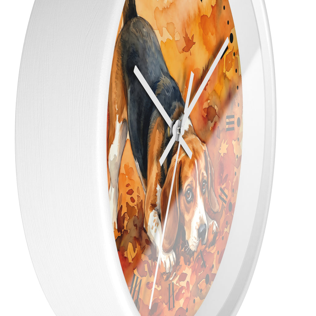 Round wall clock with a white frame and a watercolor beagle dog illustration on the face, shown against a plain white background.