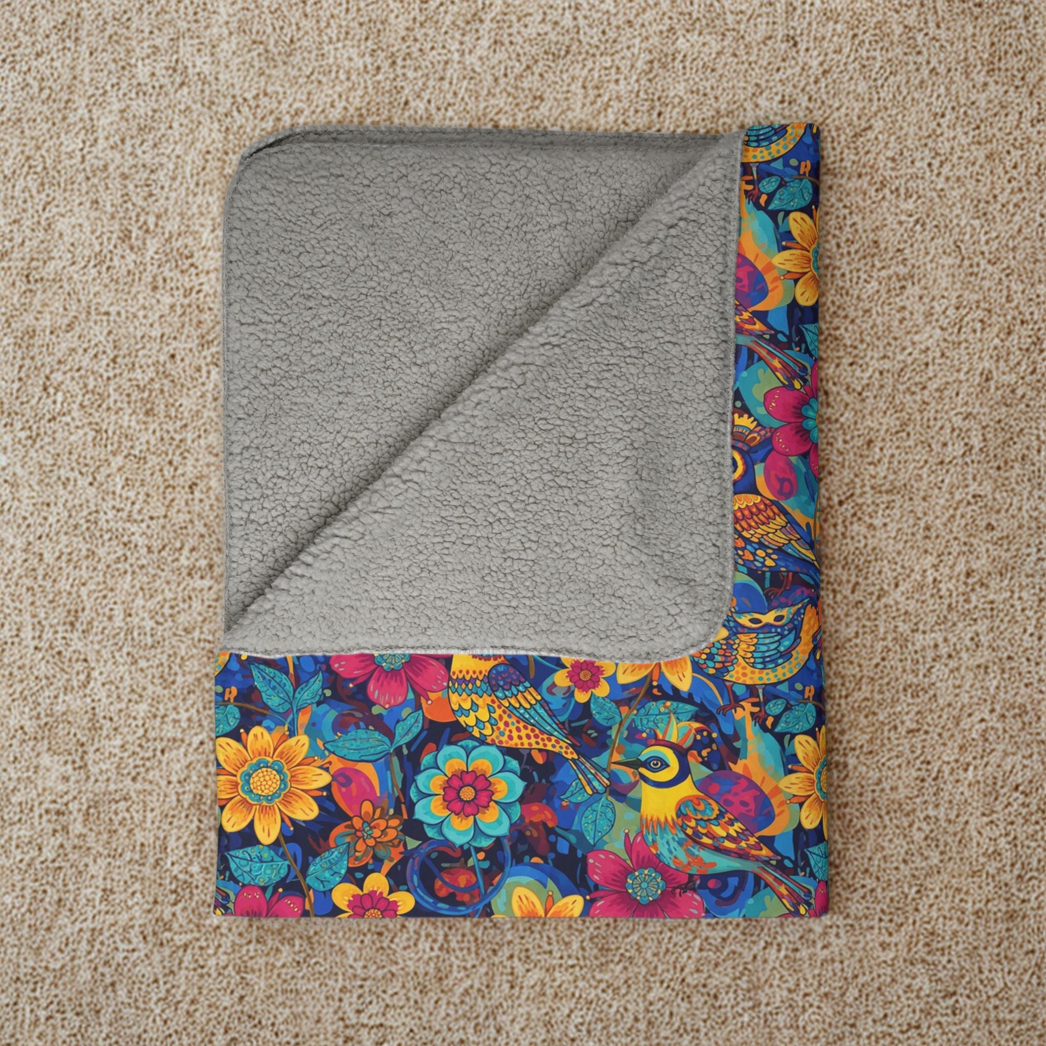Floral Vintage Bird Fleece Sherpa Blanket — Colorful Boho Flower Throw