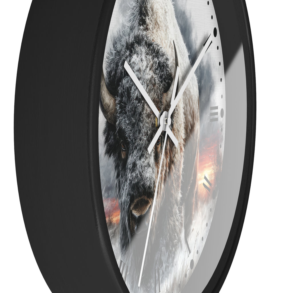Winter Buffalo Wall Clock — Rustic Bison Decor