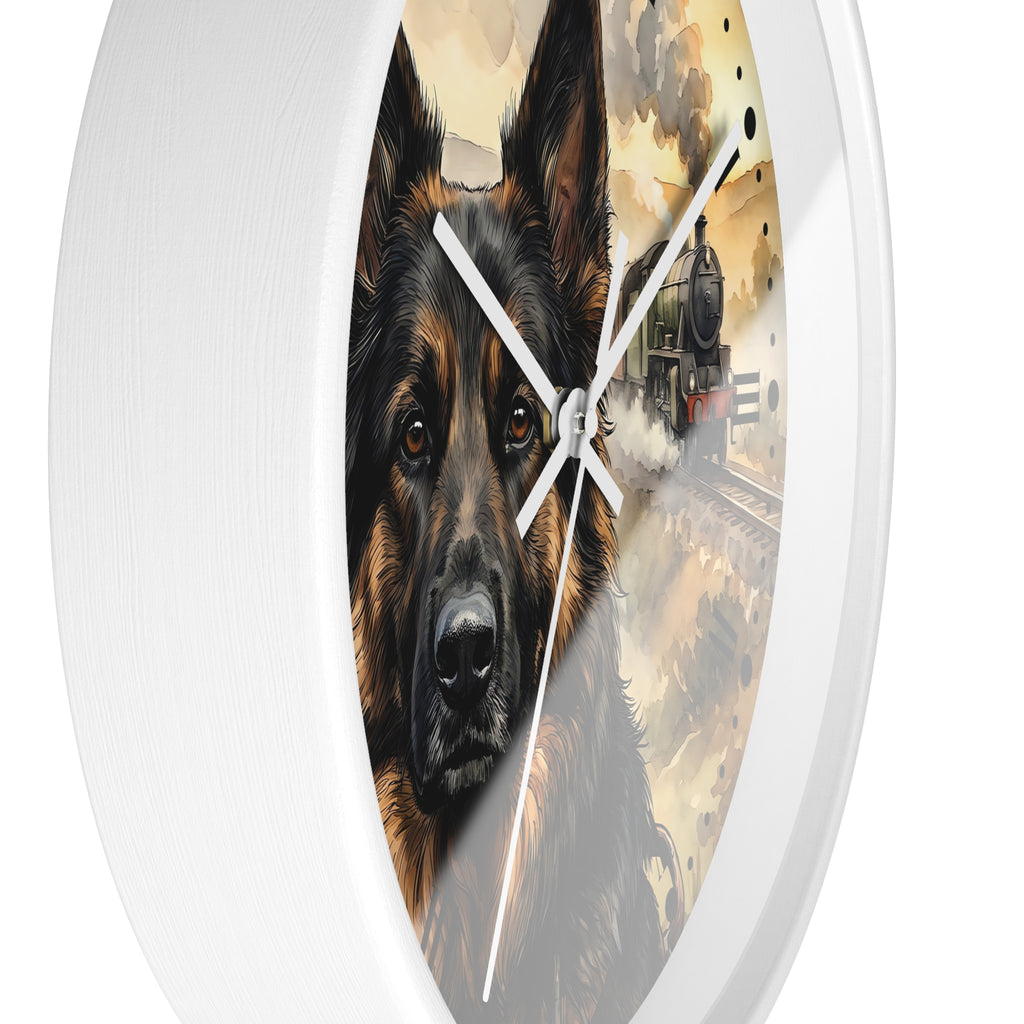 Round wall clock with a white frame and a printed design featuring a German Shepherd dog portrait on the left and a vintage train scene on the right.