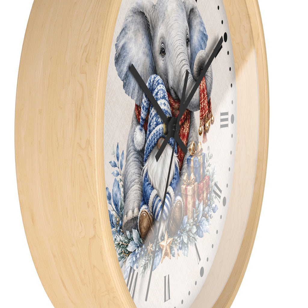 Elephant & Gnome Holiday Wall Clock —  Winter Animal Nursery Decor