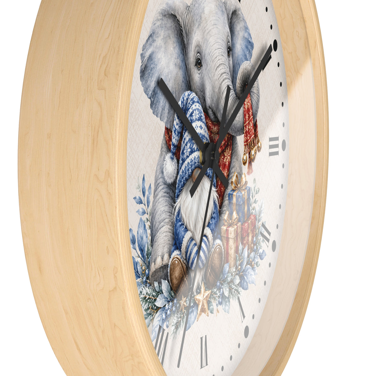 Elephant & Gnome Holiday Wall Clock —  Winter Animal Nursery Decor