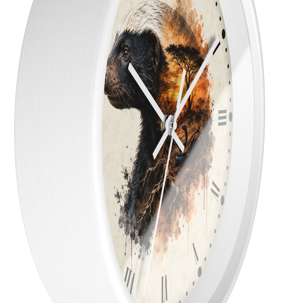 A close-up of a round wall clock with a white frame and a printed dial featuring a black-and-white animal portrait blended with warm orange and brown brushstrokes, plus white hands and black Roman numerals.