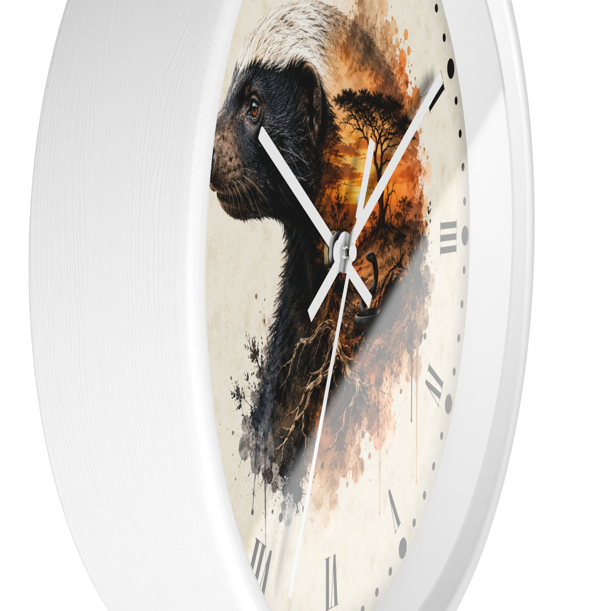 A close-up of a round wall clock with a white frame and a printed dial featuring a black-and-white animal portrait blended with warm orange and brown brushstrokes, plus white hands and black Roman numerals.