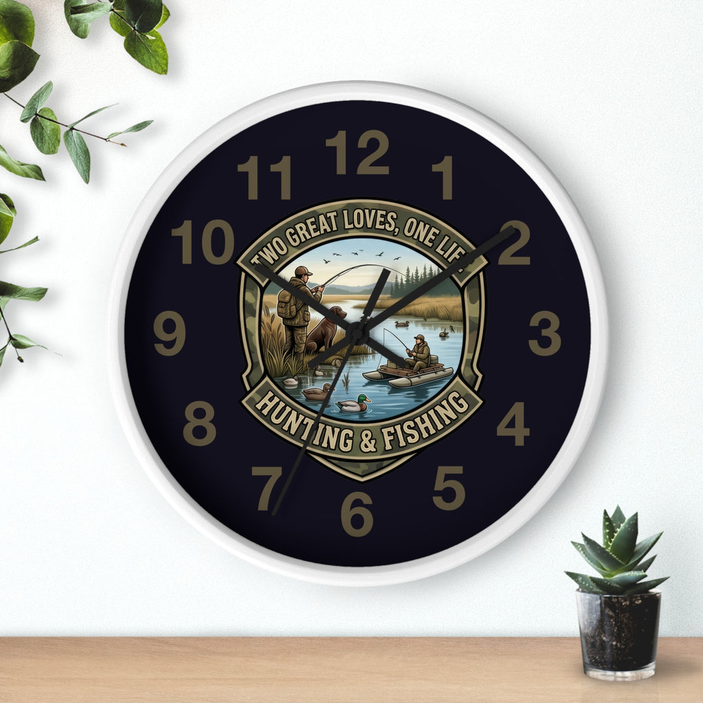 Hunting & Fishing Wall Clock — “Two Great Loves, One Life” Rustic Outdoors Decor