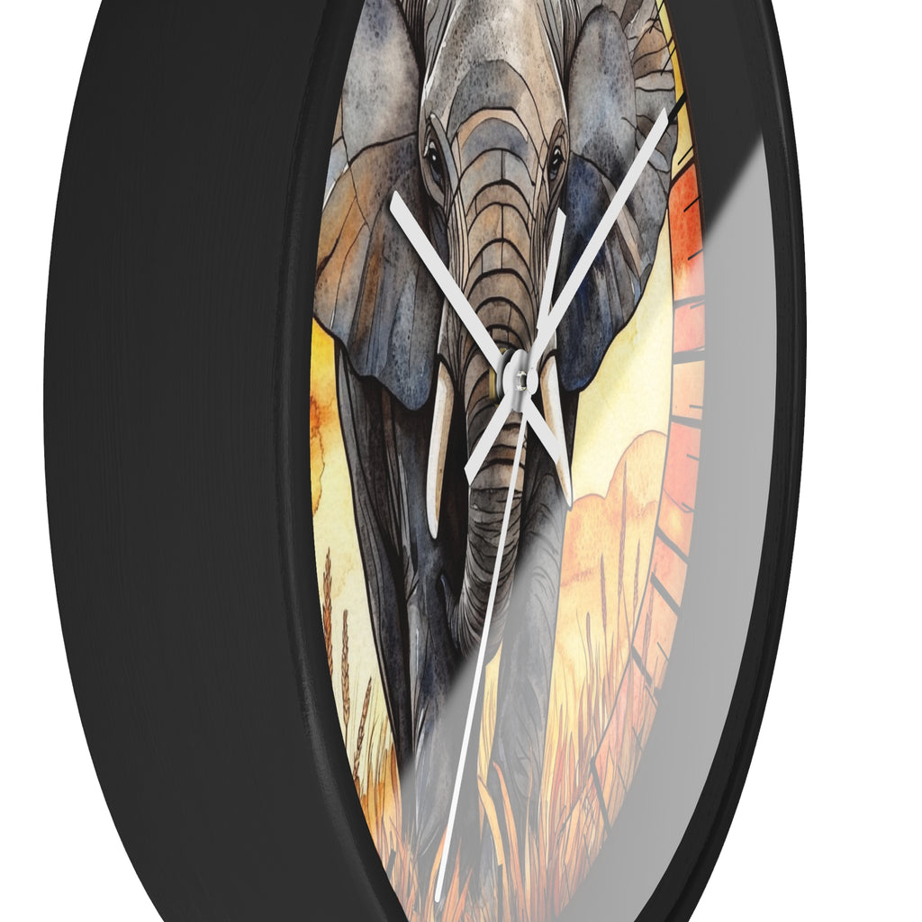A round wall clock with a black frame and a printed elephant illustration on the face, shown against a plain white background.