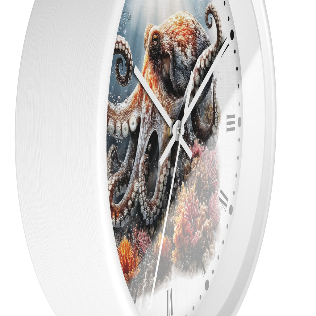 A round wall clock with a white frame and a printed octopus underwater scene on the face, shown against a plain white background.