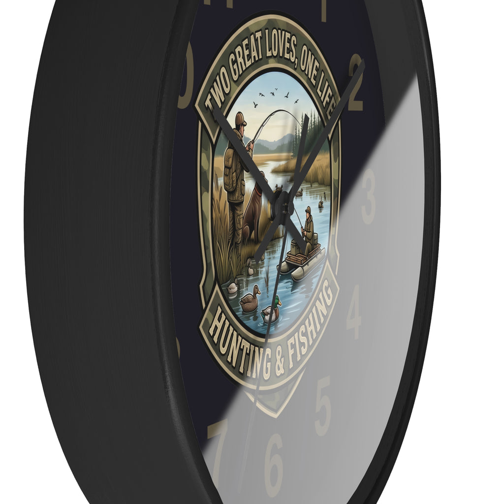 Hunting & Fishing Wall Clock — “Two Great Loves, One Life” Rustic Outdoors Decor