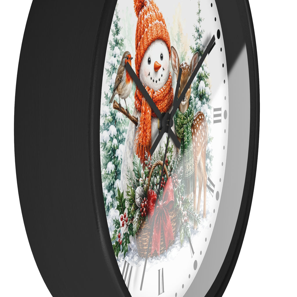 Holiday Snowman Robin Bird & Fawn Wall Clock — Festive Christmas Decor