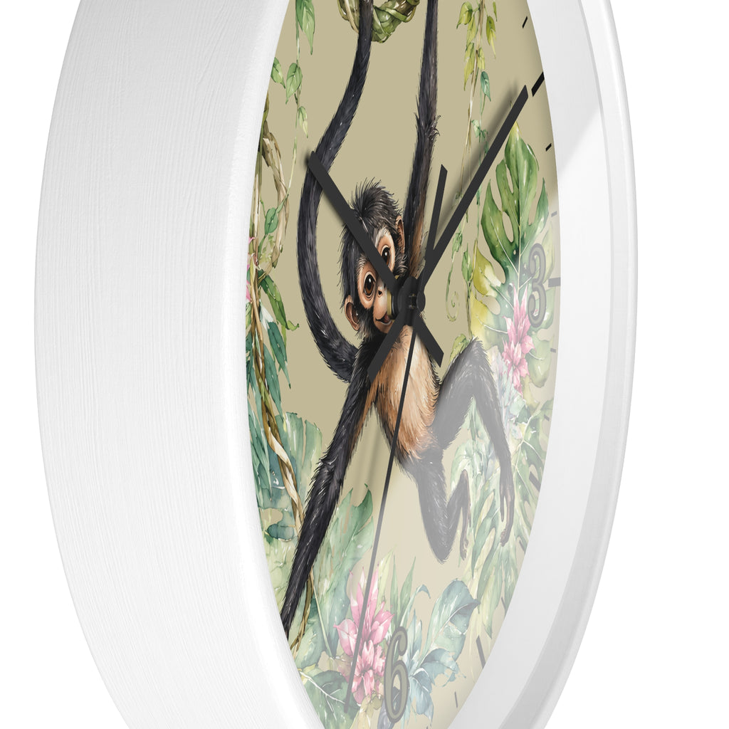 A round wall clock with a white frame and a vintage-style illustration of a hanging spider on the face, set against a clean white background.