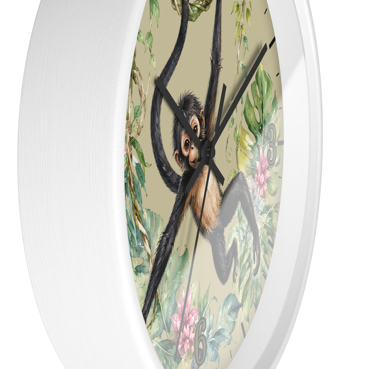 A round wall clock with a white frame and a vintage-style illustration of a hanging spider on the face, set against a clean white background.
