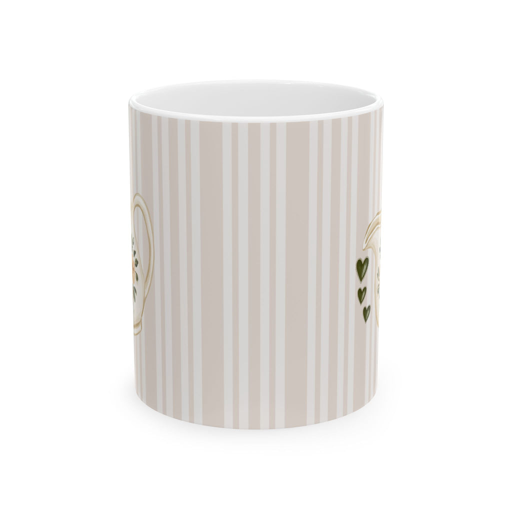 White mug with text and graphic design on a white background