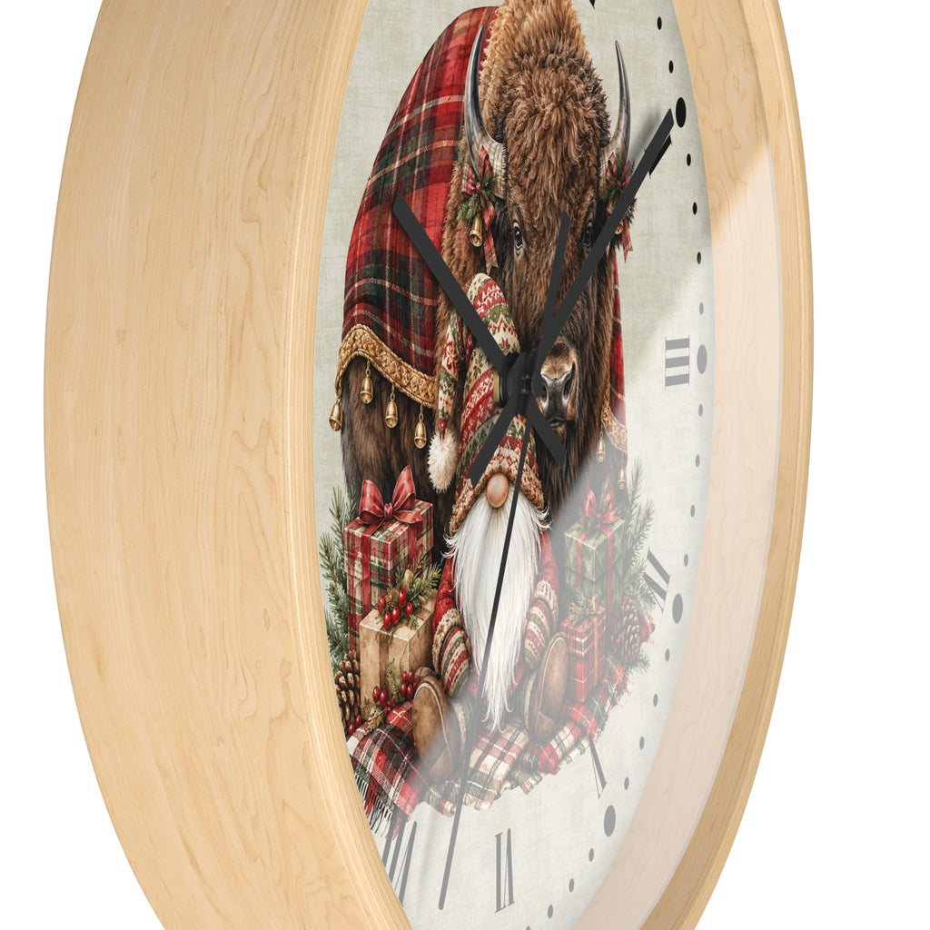 Christmas Buffalo & Gnome Wall Clock – Rustic Holiday Decor