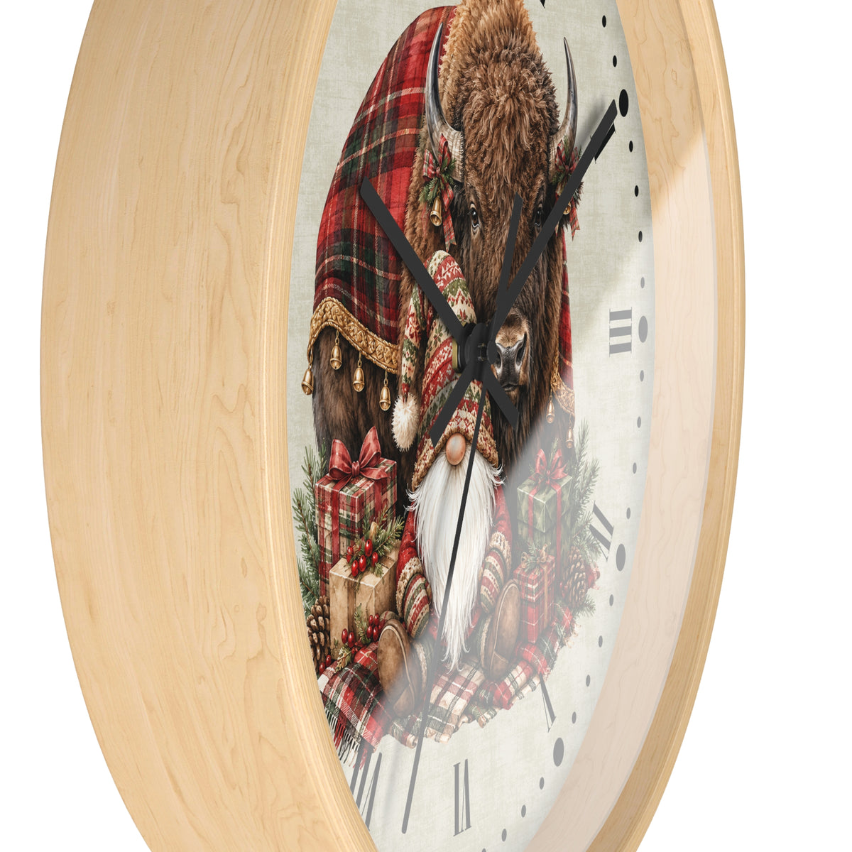 Christmas Buffalo & Gnome Wall Clock – Rustic Holiday Decor
