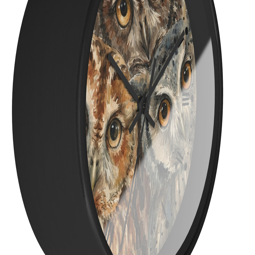 Owl Trio Wall Clock — Watercolor Woodland Bird Decor